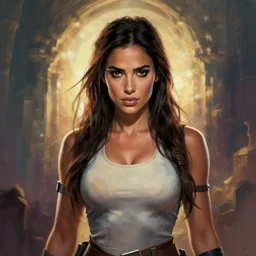 portait princess haifa wehbe as lara croft angel of darkness cover, centred, very long hair, hd, unreal engine, art digital painting, amazing background theme