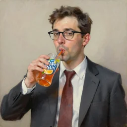 a business man drinking a capri sun fruit punch, portrait, oil painting