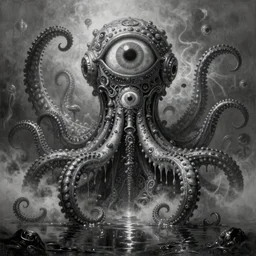 ultra realist soft painting of the world of Lovecraft and Giger, gigantic oily tentacles and eyes, very intricate details, ultra dense fog, golden ratio, volumetric black and white lighting, reflections, refractions, symmetry accurate anatomy features, octane render