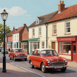 digital matte glossy painting nostalgic 1 9 5 0 s town britain, detailed in the style of trevor mitchell
