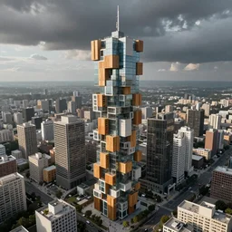a city made of block-like modules of wood and concrete and glass, city of voxels, dramatic sky, aerial view, hyperrealism, 4k octane render, photorealistic concept art, highly detailed