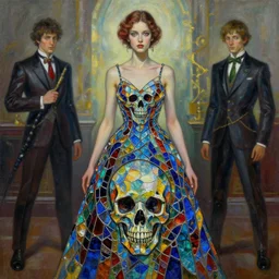 beautiful woman wearing a dress made from stained glass in the design of a skull. painting by artgerm and greg rutkowski and ilya kuvshinov