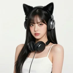 realistic beautiful gorgeous natural cute Blackpink Lalisa Manoban black hair cute fur black cat ears, wearing white camisole summer outfit, headphones, black leather choker artwork drawn full HD 4K highest quality in artstyle by professional artists WLOP, Aztodio, Taejune Kim, Guweiz on Pixiv Artstation