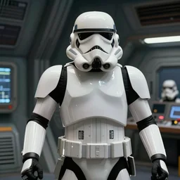 closeup of stormtrooper in an engine room on a spaceship action pose, interior design. ralph mcquarrie scene. clear photo by keith parkinson, walter simonson, syd mead, keith parkinson, frank miller, ultra detailed