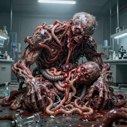 an ultra-detailed high-quality hyper-realistic photo of twisted humans melting together, forming a massive livid amorphous mass of blood-oozing body horror composed of random limbs, translucent and slimy flesh, patches of fur, eyes, teeth, and intestines falling out and slithering, in a damaged hi-tek laboratory, pieces of glassware lying on the floor, hazy atmosphere