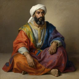 middle ages middle eastern colored clothing, middle aged man, dark complexion, well trimmed beard, 3 / 4 portrait, head, shoulder, knees, toes, rembrandt art style, realistic art style