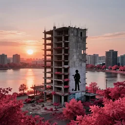 a beautiful hyperdetailed rendering of city outpost unfinished building building by banksy, vice city lake at dawn hyperrealism infrared bladerunner 2 0 4 9 myst sunset lightpaint nature morning sun, archdaily, wallpaper, highly detailed, trending on artstation.