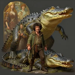 an ultra detailed matte painting of bob ross dressed as a wandering elf druid, large alligator animal familiar!!! d & d, fantasy concept art by alphonse mucha and greg rutkowski and maschinen krieger and beeple, octane render, 8 k, detailed face