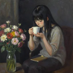 kunkka enjoying coffee sad and alone in a dark room, wearing clothing, near a bunch of flowers. pixiv, masterpiece, wlop, oil painting, ranked on artstation