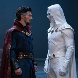 still of dr. strange looking at moon knight dressed in his white suit, in avengers movie