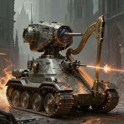 full shot portrait of medieval - cyberpunk - battletank with giant laserturret and wheels fireing the laser harp, cyberpunk 2 0 8 8, szene of cyberpunk gothic city background, elegant, digital illustration, detailed, intricate, sharp focus, digital painting, deep focus, artstation, matte, art by artgerm and greg rutkowski and alphonse mucha