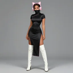 picture of woman with light brown skin & skintight black qipao & long white tight boots & mouth covering scarf & pink cat ears headset, highly detailed, smooth, sharp focus, digital illustration, by rossdraws