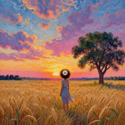 daisy afro head, full body, girl watching sunset, empty wheat field, surreal photography, colorful clouds, tree, impressionist painting, colorful clouds, digital painting, pointillism, artstation, simon stalenhag