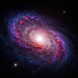 The grand ending of an ominous era outside an exoplanet in space with a clear view of a spiral galaxy in splashes of red, purple and dark blue in unreal engine S- 69