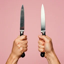 extremely detailed studio photograph of hands, holding knives. surreal photograph, lo - fi, polished look, solid background, silly and serious, hermes ad, fashion photography, toiletpaper magazine by pierpaolo ferrari and maurizio cattelan, 3 5 mm photograph, colourful, david lachapelle, canon eos c 3 0 0, 8 k, medium - format print