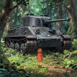 wholesome animation key shot, ultra wide, parka redhead alone explore an abandoned schwerer gustav!!!!, forest, roots, undergrowth, studio ghibli, pixar and disney animation, sharp, disney concept art watercolor illustration by mandy jurgens and alphonse mucha and alena aenami, pastel color palette, bloom!!! dramatic lighting