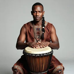 studio photo of corey taylor as an african tribesman with an african percussion drum in his hands, studio portrait