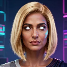 Sonia Gandhi, neon face tattoo, cyberpunk background, straight hairstyle, white eyes, blonde hair, realistic render, short hair, unreal engine render, Icaro Carvalho