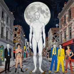 decollage painting old white - headed man under the huge moon on a street of ruined city by adrian ghenie and takato yamamoto and edward hopper and mark ryden and tsutomu nihei, part by bridget riley, very coherent, baroque elements, perfect anatomy, intricate design. pop art.