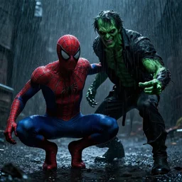 spider - man getting killed by green goblin, dark, gothic, atmosphere, heavy rain fall