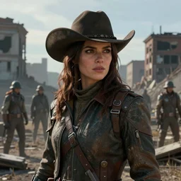 fallout 5, charismatic beautiful, rugged, brunette female protagonist wearing a cowboy - hat, portrait, outdoors ruined cityscape, atmospheric lighting, painted, intricate, volumetric lighting, beautiful, daytime, clear weather, winter, sharp focus, deep colours, ultra detailed, by leesha hannigan, ross tran, thierry doizon, kai carpenter, ignacio fernandez rios