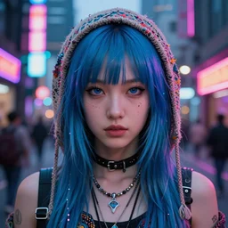 portrait of cyberpunk ashnikko with blue hair, neon street, boho chic | | very anime!!!, symmetry face, fine details. realistic shaded lighting poster by ilya kuvshinov, katsuhiro otomo, kidmo!!!, trending on artstation, magali villeneuve, artgerm, jeremy lipkin and michael garmash