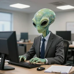 A photo of an alien tentacle creature in a business suit working in a corporate office, 4K, realistic