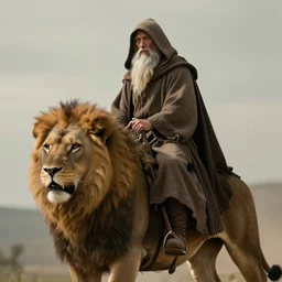 portrait of a hooded wise old man long white beard wearing a brown tunic, riding majestically on a beautiful lions back, epic digital art, cinematic, trending on artstation, superb detail 8 k masterpiece