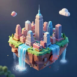 low poly art of a floating island on top of which is new york surrounded by waterfalls, in the sky, isometric art, 3d render, ray tracing, high detail, artstation, concept art, behance, smooth, sharp focus, ethereal lighting, unreal engine 5, super mario style with blocks