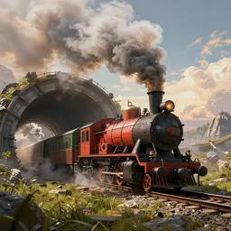 frostpunk train inside of a tunnel, with the smoke coming from the steam pump, cinematic view, epic sky, detailed, dynamic lighting, photorealistic fantasy concept, creative, cinematic, ultra detailed, art, low angle, high detail, warm lighting, volumetric, godrays, vivid, beautiful, trending on artstation, by jordan grimmer, huge scene, grass, art greg rutkowski