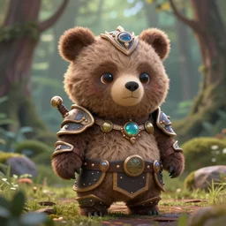 little cute fluffy forest bear, evil, inspiring, adorable, anthro, guardian, dnd, woodland realm, fantasy armored attire!! strange fantasy equipment!! octane render, unreal engine 5, hyper realistic, 8 k