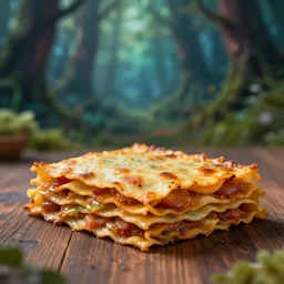 5 5 mm photo of a pile of freshly made lasagna on a wooden table in a magical forest. dof. bokeh. magical atmosphere. art by greg rutkowski. highly detailed 8 k. intricate. lifelike. soft light. nikon d 8 5 0.