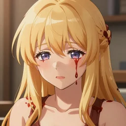 “an anime waifu, waifu is crying, she has blonde hair, covered in sauce hyperrealistic, unreal engine, hyper detailed, pixiv”