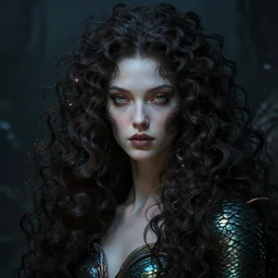 legendary mermaid, beautiful face, long curly hair, dark fantasy, scifi, volumetric lights, intricate, intense detail, digital painting, artstation, concept art, soft shading, cinematic, hyperealistic, illustration, style of h. r. giger, 3 d 4 k