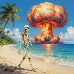 Beautiful painting of relaxed skeleton walking on the tropical beach with nuclear bomb explosion in the background, high quality, trending on Artstation, realistic, by Greg Rutkowski, highly detailed big mushroom cloud, vibrant colors