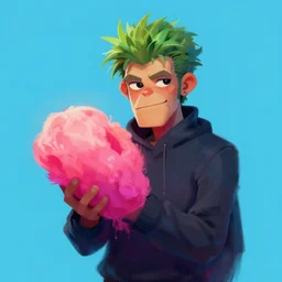 bright flowey digital art painting gorillaz style of a man holding onto a subway train handle while his lower half is being sucked up by a dark void. dark void almost overflowing a guy as he tries to cling on and escape.