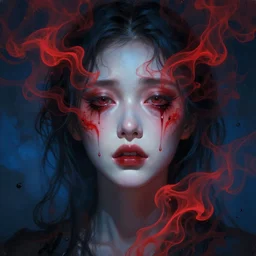 creepy crying face of gorgeous woman made of red smoke and ash, surreal painting by beksinski, deep eyes, dark blue atmosphere, mist, concept art, artstation, by anato finnstark
