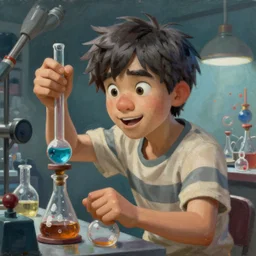 An epic fantasy comic book style portrait painting of a young man in a laboratory, very expressive, really short dark gray hairs,  round face, wearing a shirt with horizontal stripes, handling laboratory equipment, character design by Mark Ryden and Pixar and Hayao Miyazaki, unreal 5, DAZ, hyperrealistic, octane render, cosplay, RPG portrait, dynamic lighting, intricate detail, summer vibrancy, cinematic