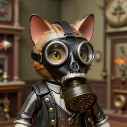 closeup portrait of a tin toy machine cat the assassin with black gas mask in victorian london, nicoletta ceccoli, mark ryden, lostfish, max fleischer, depth of field, detailed and intricate retro environment, 8 k resolution, hyperrealistic, octane render