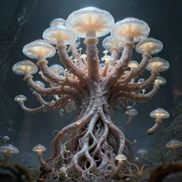 a theriomorphic holobiont, concept art, mycorrhiza, mushroom, translucidluminescence, intricate, kim jung gi, james jean, shaun tan, meridians, organic detail, cinematic, epic wide shot, ultra detailed, sharp focus, smooth, global illumination, photorealistic, 8 k render