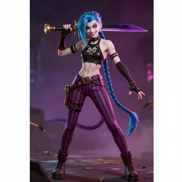 jinx from arcane, full length poster, full body, action pose, sly smile, dramatic, dramatic lighting