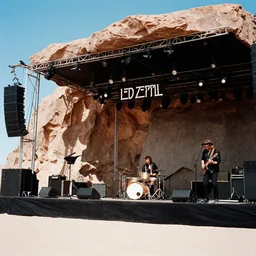 analog photograph led zeppelin performing in a rocky stage in the atacama desert by byanka zhuravleva and ary scheffer. kodak portra film!!. whirl bokeh!. mamiya 7. highly detailed. hq. photoreal. golden hour. in - frame