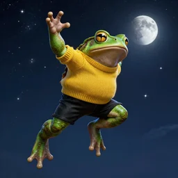 a muscular green! toad jumps to the sky to become one with the stars, wearing yellow sweater and black shorts, cosmos, moon, by mucha and caspar david friedrich, atmospheric lighting, intricate detail, cgsociety, hyperrealistic, octane render, rpg portrait, ambient light, dynamic lighting