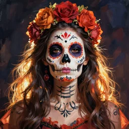 Illustration of a sugar skull day of the dead girl, art by frank lloyd wright