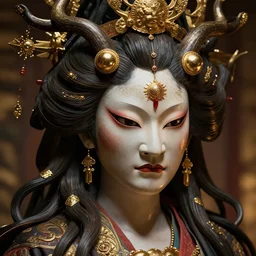 hyperrealism, detailed textures, photorealistic japanese medusa queen, intricate, detailed facial animal mask, golden jewelery, japanese style, ultra realistic, cinematic, intricate, cinematic light, unreal engine 8 k