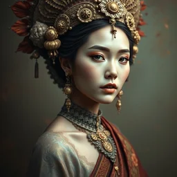 portrait of beautiful female model by irakli nadar with intricate detailed thai traditional headdress and clothing, haunting, elite, elegant, melting wax, mycelia, abstract impressionism, ruan jia, dark fantasy, hyper detailed, concept art, by gustav klimt,