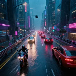 motorcycles and cars on a cyberpunk tron legacy highway, skyscrapers, rain, neon street lights, dense traffic, helicopter chase.