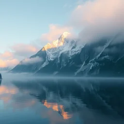 mountain at the morning on a blue lake, mist, very detailed, octane render, realistic, 8 k, unreal engine 5, dramatic, volumetric