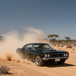black gt falcon muscle car, sand storm, desert road, australia, portra 4 0 0