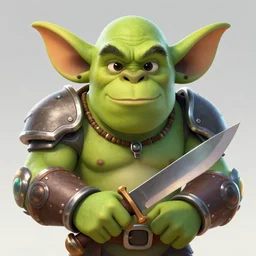 an unusual character of the game. an orc with big ears and a symmetrical face. he holds a knife in his hands. looks at you frontally and wants to kill you. the body color is green, and the design is 4 k. i'm a bright face. cybernetic, greens, metals. illustration 3 d